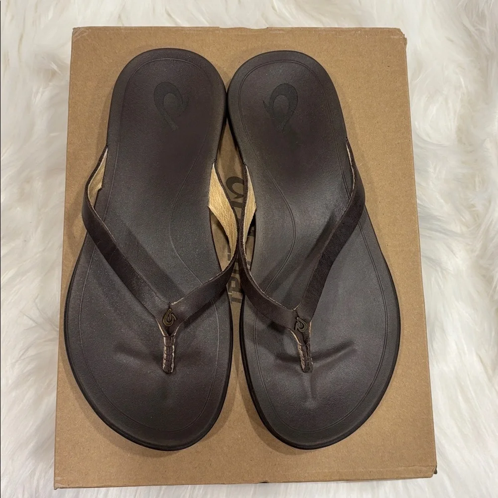 OluKai Dark Ho’opio dark Java Leather Flip-Flops slippahs 6 NEW IN BOX - Picture 3 of 5